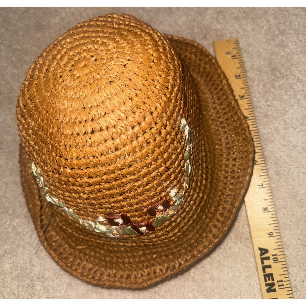 Woven Straw Bucket Hat Floral Embellishment Flowers Summer Beach Vacation Women - Picture 7 of 8